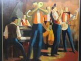 tableau représentant un groupe d'hommes jouant de la musique dans une pièce