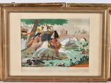 two framed pictures of a man on a horse and a woman on a horse