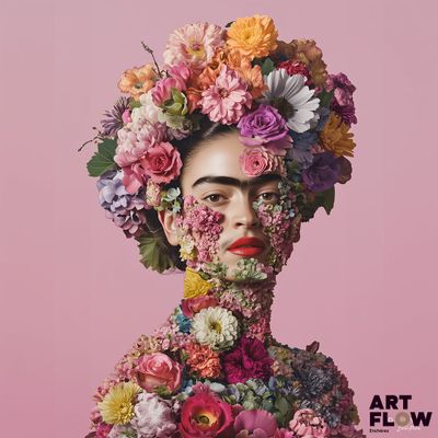 une femme avec des fleurs dans les cheveux, sur fond rose