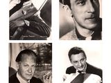 four black and white photos of a man playing an accordion