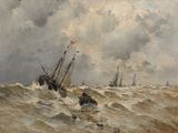 a painting of a boat in the water with other boats in the background