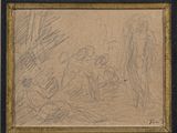 a drawing of a group of people sitting in a room