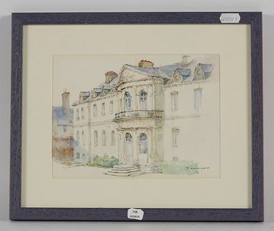 tableau représentant un grand bâtiment surmonté d'une horloge
