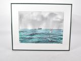 painting of a sailboat in the middle of a body of water