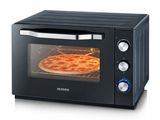 an image of a black microwave oven with a pizza in it