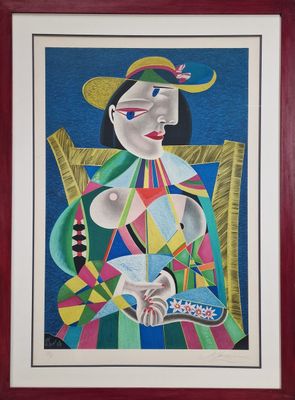 a painting of a woman sitting in a chair with a hat on