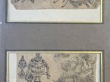 two framed drawings of a man riding a horse and a woman riding a horse