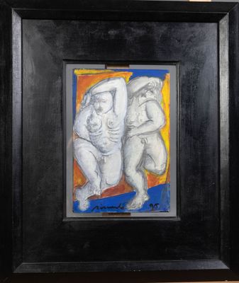 tableau représentant deux nus, dans un cadre noir sur fond jaune