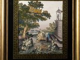 une image représentant un tableau où l'on voit une femme assise sur un banc dans un jardin