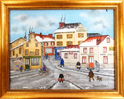un tableau représentant une scène de rue avec des personnes et un chien