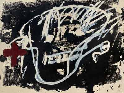 une image représentant une peinture en noir et blanc du visage d'un homme
