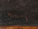 a close up of a painting on a wooden surface with writing on it