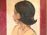 painting of a woman in a yellow dress in a red frame