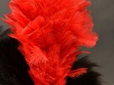 a black and red hat with a red feather on it