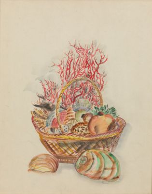 peinture représentant un panier orné de coquillages et de coraux sur fond blanc