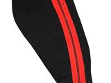 a close up of a pair of black pants with red stripes