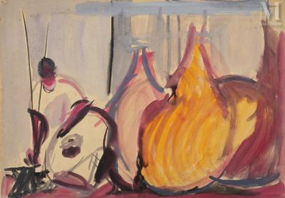 un tableau représentant deux vases et une guitare sur une table
