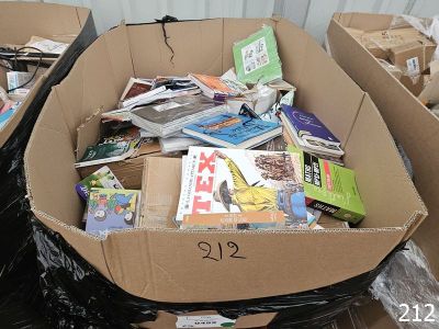 many boxes of books sitting in a bin on the floor