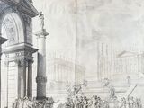 an old drawing of a group of people standing in front of a building