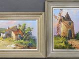deux tableaux encadrés représentant un moulin à vent et un moulin situé sur une colline