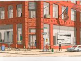 drawing of a red building with a flag on the front