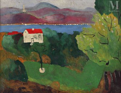 une image représentant un tableau d'une maison située sur une colline au bord de l'eau