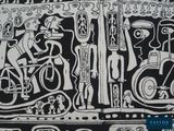a black and white drawing of a man riding a bike