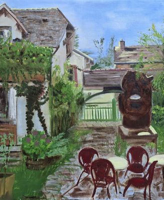 a painting of a table and chairs in a courtyard