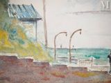 a painting of a man walking on the beach
