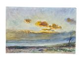 a painting of a painting of a sunset over the ocean