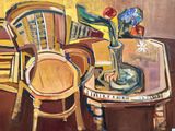a painting of a table with two chairs and a vase on it