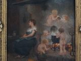 painting of a woman and two children in a room with a fireplace