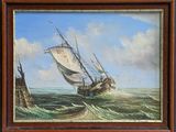 an oil painting of a sailboat in rough seas with a lighthouse in the background