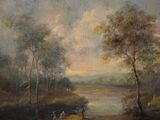 a painting of a man and a woman walking down a dirt road