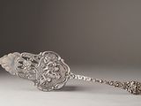 an antique silver spoon with a flower design on it