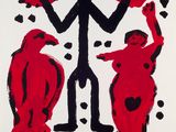 an image of a painting of a man and two dogs