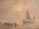 painting of a group of people on a beach with a boat in the water