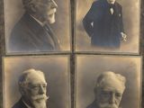 four old black and white photos of a man with a beard and a top hat