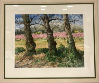 tableau représentant des arbres dans un champ, avec des fleurs roses en arrière-plan