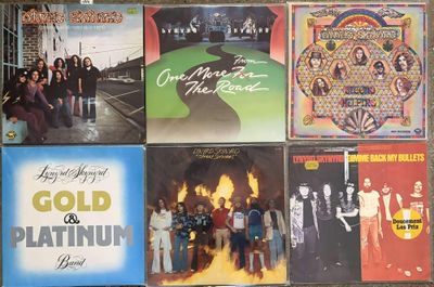 many different album covers on the wall of a store