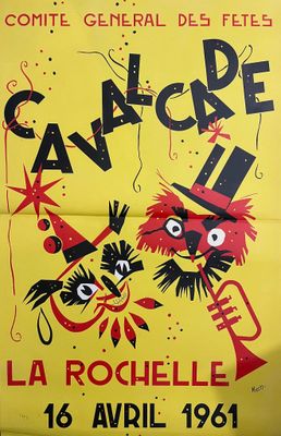 affiche jaune sur laquelle figurent des personnages de bande dessinée rouges et noirs