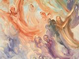 une peinture à l'huile représentant un groupe d'anges survolant une étendue d'eau