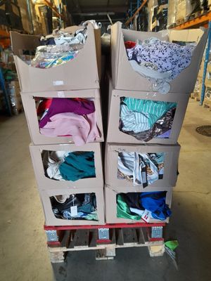 de nombreux cartons de vêtements posés sur une palette dans un entrepôt