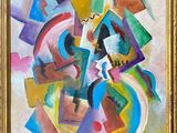a painting of a colorful abstract painting in a gold frame