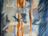 peinture abstraite représentant des carrés bleus et orange sur un fond bleu