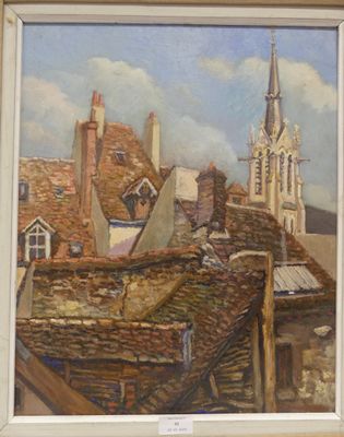 une peinture d'un bâtiment avec une tour d'horloge en arrière-plan
