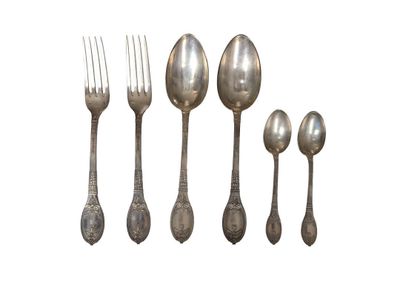 a set of five spoons and a fork on a white background