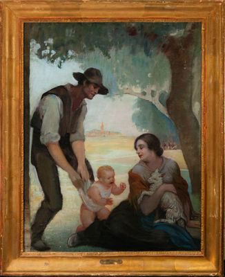 painting of a man holding a baby and a woman holding a baby