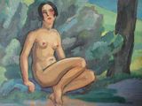 an oil painting of a nude woman sitting on a rock by a tree