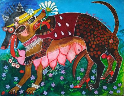 tableau représentant un chien portant un chapeau et tenant une fleur dans la gueule
